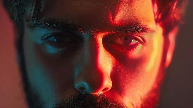 Close-up portret van een man met een snor en baard Het gezicht van de man is verlicht met rood en blauw licht waardoor een dramatisch effect ontstaat