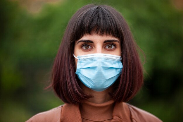 Close-up portret van een meisje met medisch masker buiten tijdens covid quarantaine in Italië