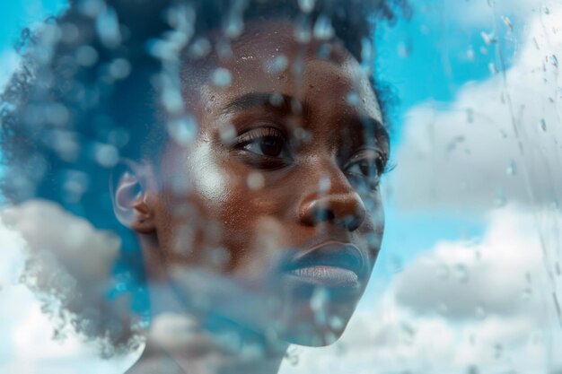 Close-up portret van een mooie Afro-Amerikaanse vrouw tegen een bewolkte hemel door glas