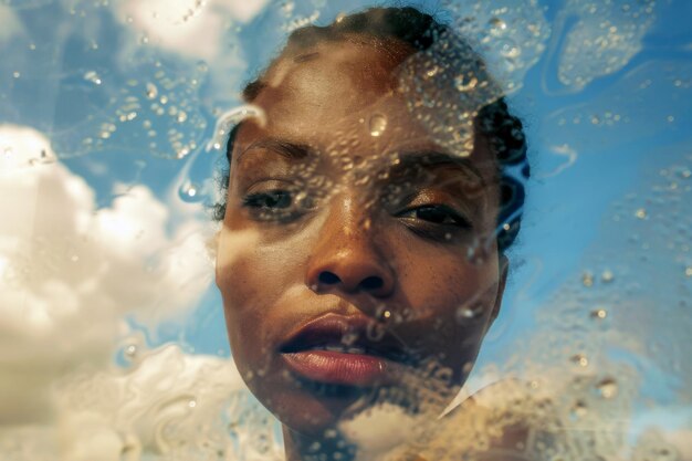 Close-up portret van een mooie jonge Afro-Amerikaanse vrouw door glas