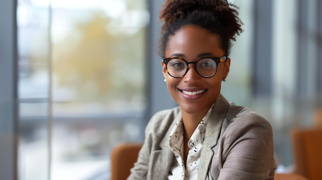 Close-up portret van een mooie jonge Afro-Amerikaanse zakenvrouw met een glimlach, een bril en een pak
