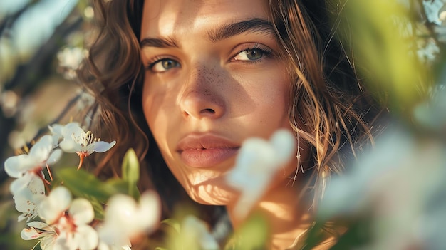 Close-up portret van een mooie jonge vrouw met sproeten op haar gezicht Ze staat in een tuin omringd door witte bloemen