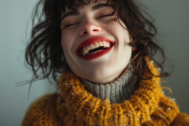Close-up portret van een mooie volwassen vrouw die lacht met een trui
