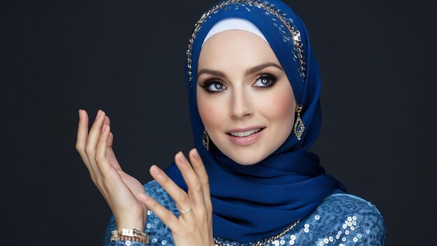 Foto close-up portret van een mooie vrouw met prachtige rokerige ogen die een blauwe hijab draagt versierd met s