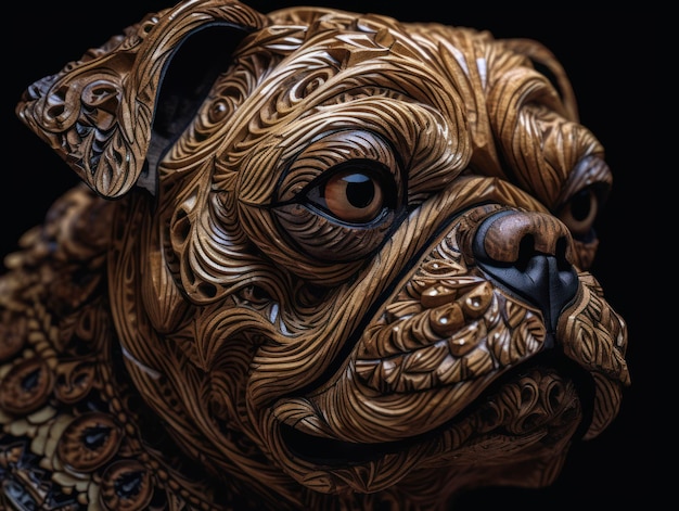 Close-up portret van een mopshond met oosterse ornament houtsnijwerk elementen achtergrond