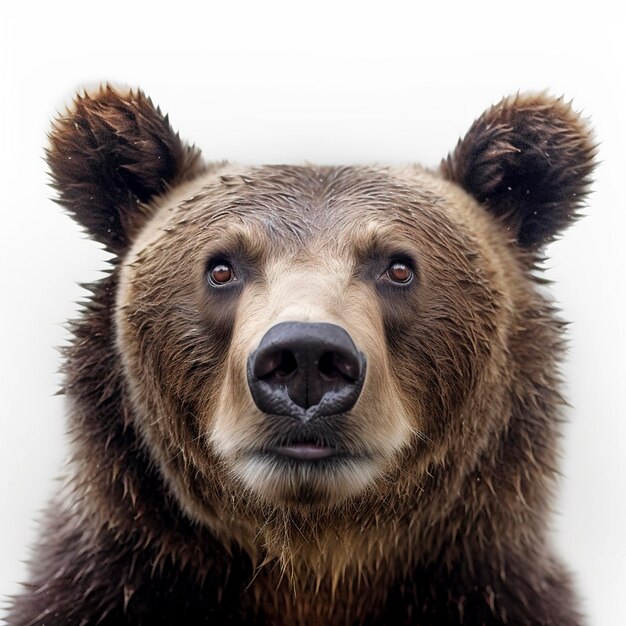 Close-up portret van een natte beer op een witte achtergrond Een bedreigde soort wilde dieren