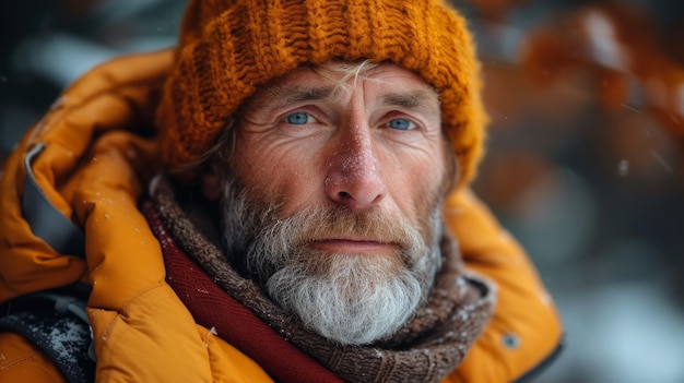 Close-up portret van een oudere man met een lange witte baard, snor en snor in een oranje hoed en jas op een wazige achtergrond van een winterpark Generatieve AI