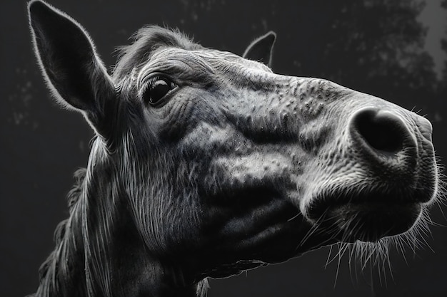 Close-up portret van een paard op een donkere achtergrond Monochrome afbeelding