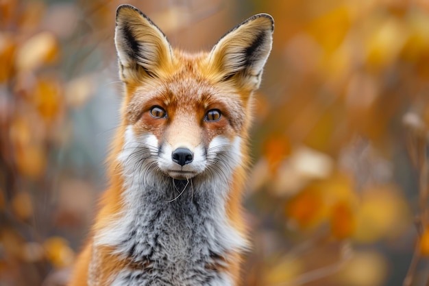 Close-up portret van een rode vos Vulpes vulpes met gedetailleerde vachtstructuur tegenover herfstbladeren