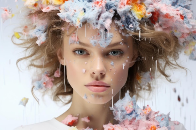 Close-up portret van een schoonheid mode vrouw model gezicht in een kleurrijke verf schuim op het hoofd en haar