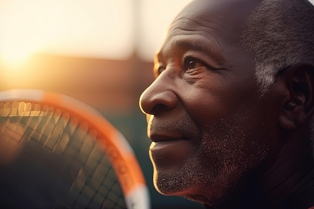 Close-up portret van een senior Afro-Amerikaanse man die tennis speelt Generatieve AI