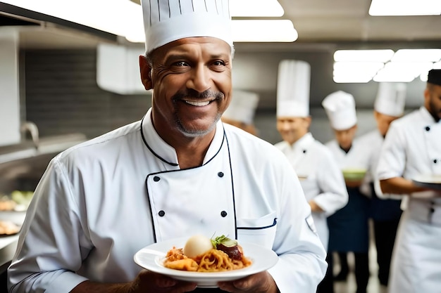 Foto close-up portret van een tevreden kok van middelbare leeftijd met een chefhoed en uniform