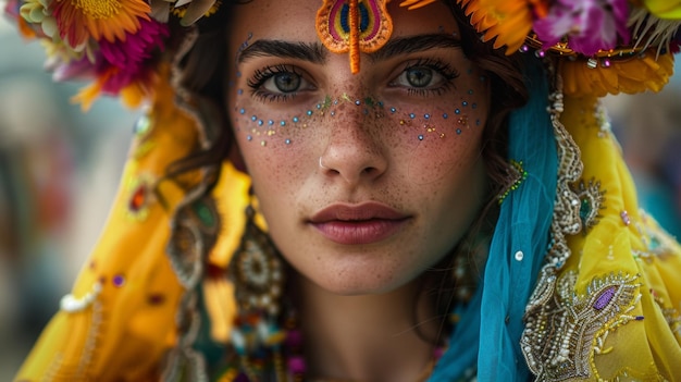 Close-up portret van een vrouw met traditionele festivaldekoraties