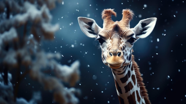 Close-up portret van giraffe hoofd Nieuwjaar dier concept of Kerstmis wintervakanties Vakanties komen Grappig dier op buiten winter achtergrond met sneeuw