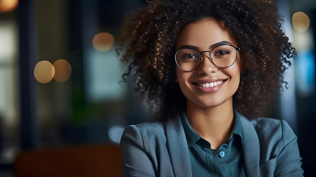 Close-up portret van jonge mooie vrouw die lacht tijdens het werken met laptop in kantoor Gemaakt met Generative AI-technologie