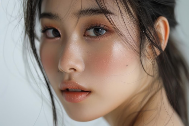 Close-up portret van jonge vrouw met natuurlijke make-up en de esthetiek van de huid van de dauw
