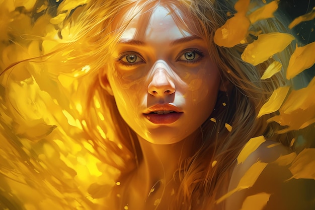 Close-up portret van modelmeisje met blauwe ogen en artistiek geel effect