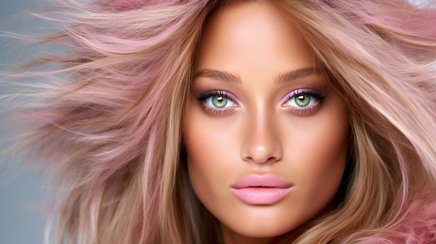 Close-up portret van mooie jonge vrouw met lang roze haar Perfecte make-up