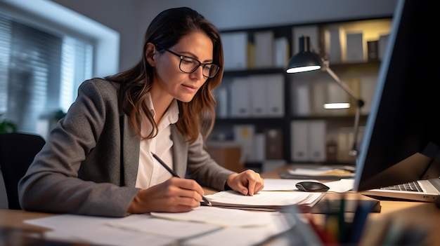 Close-up portret van mooie vrouw die met laptop werkt en aantekeningen maakt in kantoor Gemaakt met Generative AI-technologie