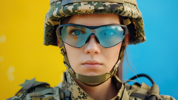 Close-up portret van Oekraïense volledig gewapende vrouwelijke soldaat met blauwe en gele vlag op de achtergrond