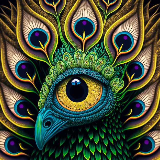 Close-up portret van psychedelische Peacock optische illusie achtergrond simetrische vooraanzicht AI gegenereerd