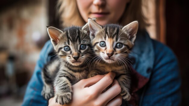 Close-up portret van schattige kleine Bengaalse kittens in handen van een vrouw Generatieve AI