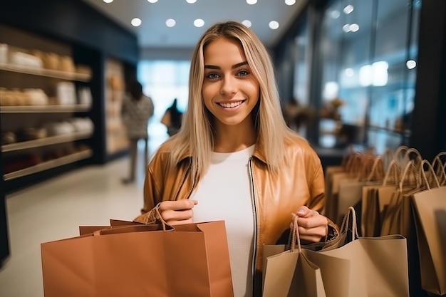 close-up portret van tevreden vrouwelijke fashionista shopper met papieren zakken