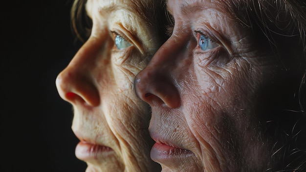 Close-up portret van twee oudere vrouwen met rimpels op hun gezichten die naar de zijkant kijken op een zwarte achtergrond