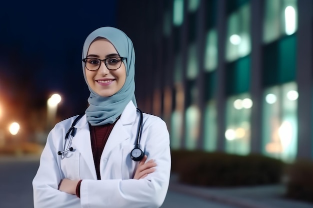 Foto close-up portret van vriendelijke glimlachende zelfverzekerde moslim vrouwelijke dokter