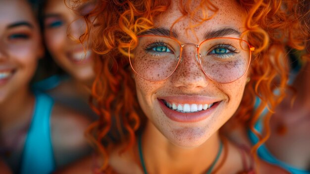Foto close-up portret van vrouw met rood haar en bril generatieve ai