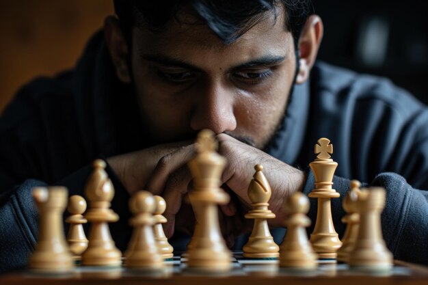 Foto close-up portret vangt een man intens gefocust op een schaakbord overweegt zijn volgende strategische zet met grote concentratie en vastberadenheid in een zwak verlichte kamer