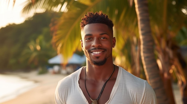 Close-up portretfoto van een prachtige jonge Jamaicaanse man die poseert op een tropisch strand bij zonsondergang