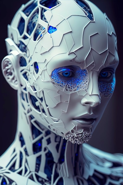 Close-up portretfoto van onvolledige humanoïde android bedekt met witte porseleinen huid blauwe ogen Generatieve AI