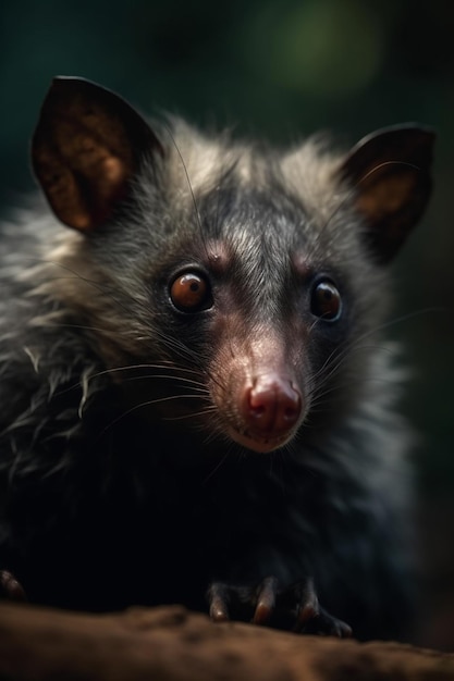 A close up of a possum's face with a dark background.