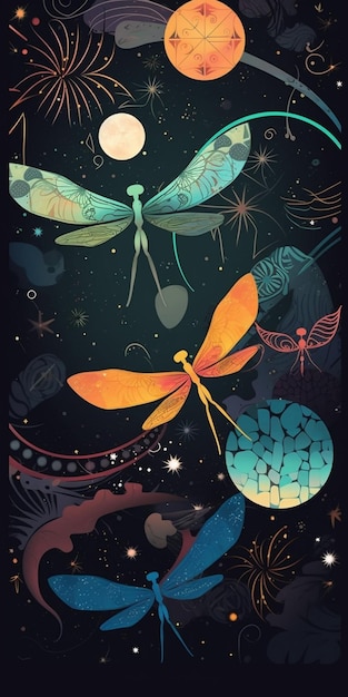 A close up of a poster with dragonflies and other insects generative ai