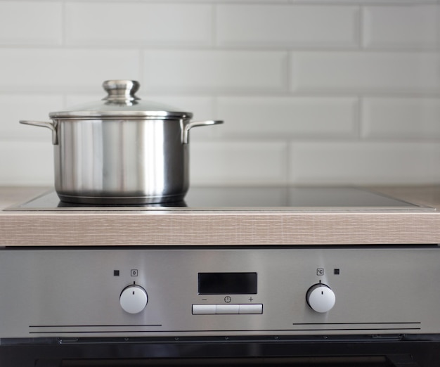 Close up of pot on electric stove in modern kitchen