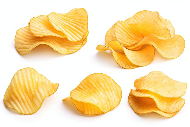 Photo close up of potato chips on a white background
