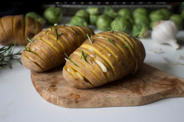 close-up of potatoes on cutting board in kitchen