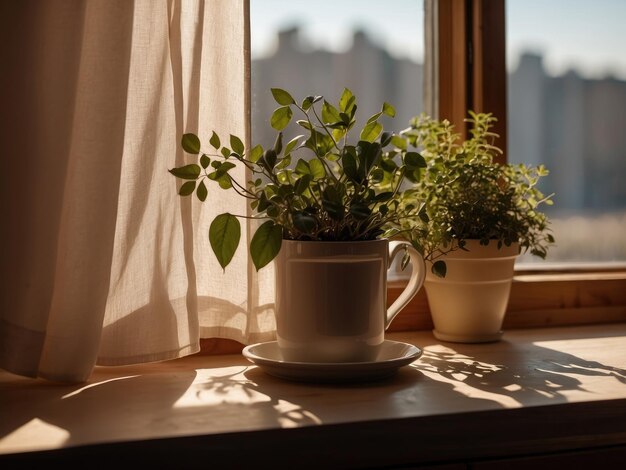 Foto close-up potplanten op de vensterbank met zonlicht