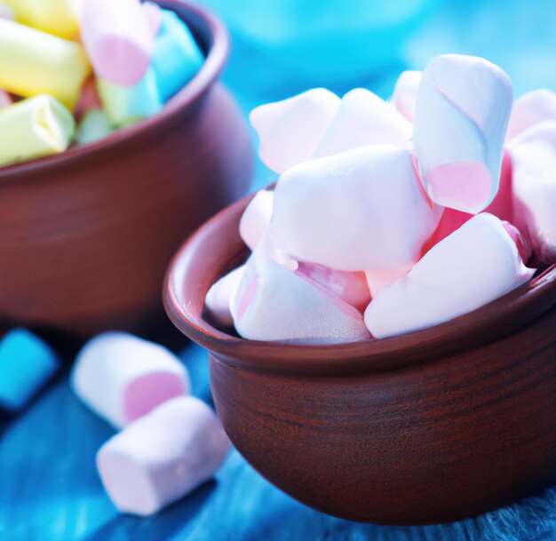 Close up of pots of colourful marshmallows lying on blue background