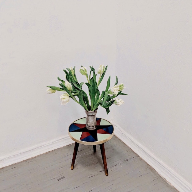 家 の テーブル に 置か れ た 鉢 の 植物 の クローズアップ