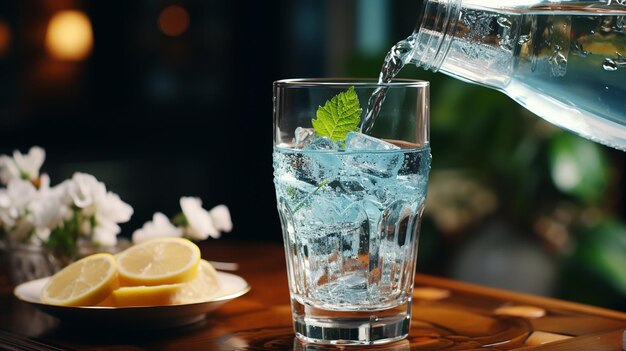 Закрыть наливаемую очищенную свежую питьевую воду из бутылки на столе в гостиной