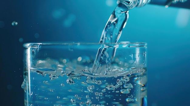 Foto close up versando acqua da una bottiglia in un bicchiere su uno sfondo blu