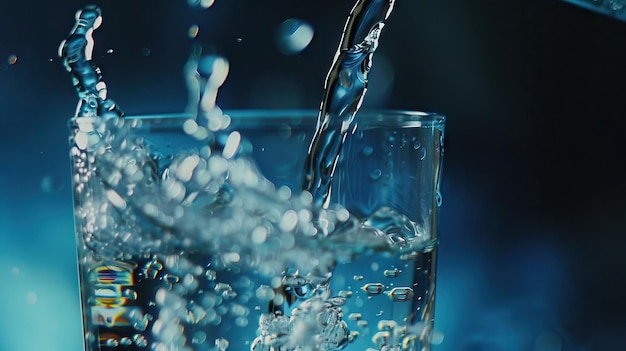 Foto close up versando acqua da una bottiglia in un bicchiere su uno sfondo blu