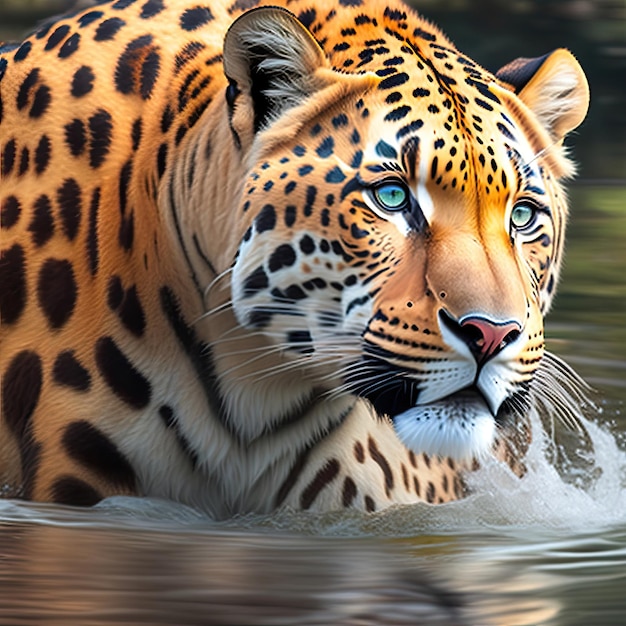 Close-up prachtige luipaard in het water Gevaarlijk roofdier in het natuurlijke leefgebied Digitale kunst