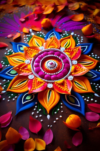 Foto close-up prachtige weergave van het concept van de rangoli diwali viering