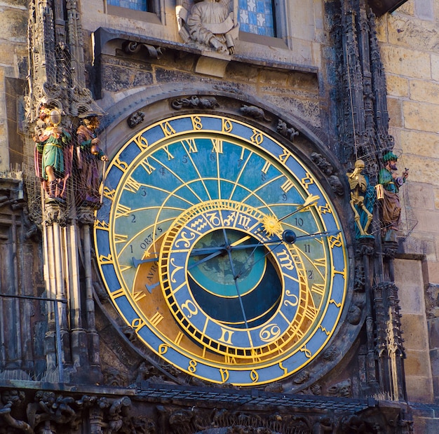 Close up of Prague ancient famous astronomical clock, called orloj, with zodiac signs in the center of medieval Czech capital