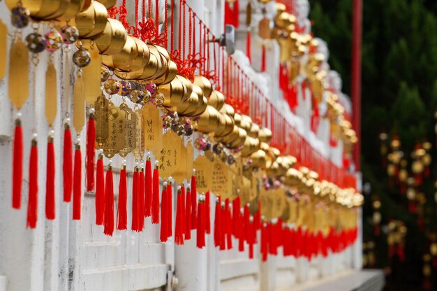 Close-up of prayer blocks hanging at temple