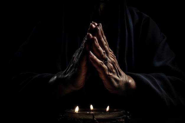 Close up praying hands on dark background