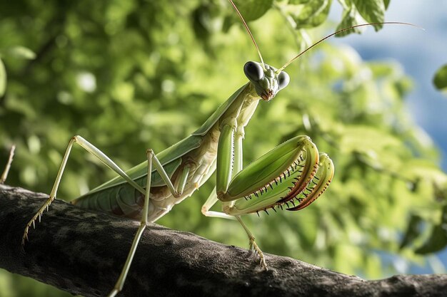 a close up of a praying mantisce on a branch